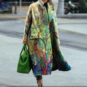 Women's Vintage Bohemian Printed Trench Coat Mid-length Hooded Woolen Look Jacket Floral Print Slim Fit Long Sleeve Outerwear