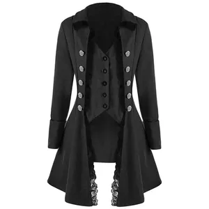 Detailed view of a black medieval Victorian style coat with triple-breasted buttons.