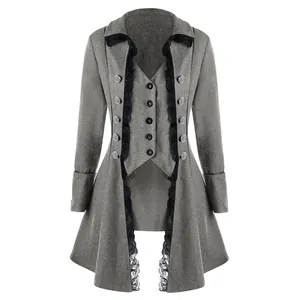 Detailed view of grey medieval steampunk coat with lace trim and buttons