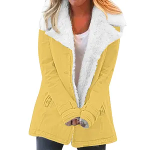 Yellow women's winter jacket featuring white fleece lining and warm lapel collar