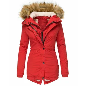 Parka de invierno roja para mujer con capucha de pelo sintético y corte entallado