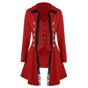Medieval gothic red tailcoat with lace trim and silver buttons for women cosplay costume