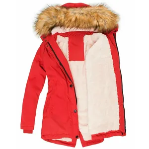 Parka de invierno roja para mujer con capucha de piel sintética y forro polar suave