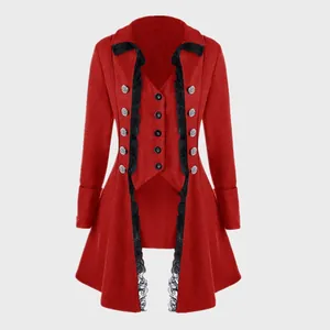 Vintage red Victorian tailcoat jacket with lace trim and irregular hem for women