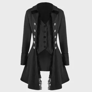 Black medieval steampunk Victorian coat with triple-breasted silver buttons and lace trim