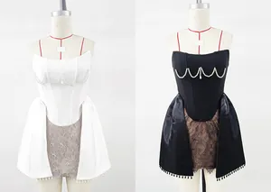 Detailed side-by-side view of elegant black and white pearl lace bandage dresses.