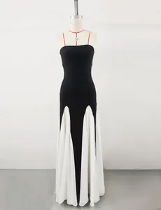 French style black and white mesh patchwork evening dress with spaghetti straps