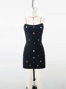 Black bandage mini dress featuring exquisite multi-colored teardrop rhinestone detailing