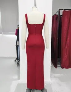 Detailed back view of an elegant red sleeveless square neck bandage maxi dress with slit