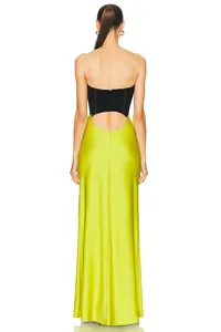 Elegant back view of a French style contrast strapless maxi dress with cutout detail