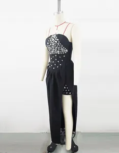 Elegant black strapless evening dress with rhinestones on mannequin for formal party events.