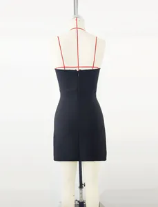 Close-up back view of a black mini bandage party dress with a seamless zipper closure