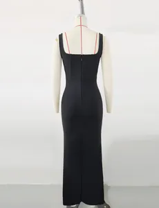 Back view of an elegant black sleeveless square neck bandage dress with zipper detail