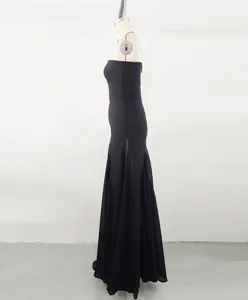 Side view of black strapless mermaid dress with elegant mesh splicing detail