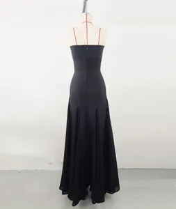 Back view of elegant black formal maxi dress with zipper on mannequin in French style