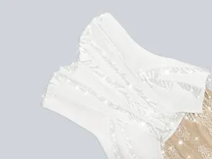 Detailed close-up showing exquisite crystal embroidery on an elegant white evening gown.