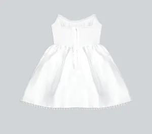 Back view of elegant white sleeveless bandage dress with decorative pearl fringe hem