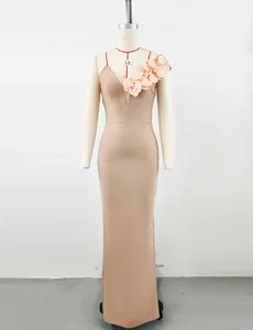 Elegant champagne one-shoulder bandage evening dress with floral shoulder decoration detail