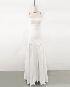 Full view of white mesh floor-length dress with dual high slits on a dress form