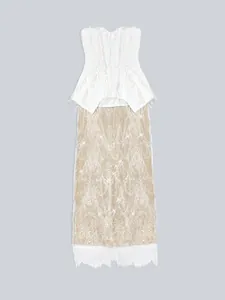 Elegant white corset peplum top with beige floral lace midi skirt for evening dates