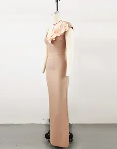 Side view detail of elegant floral one-shoulder bandage maxi dress for evening party