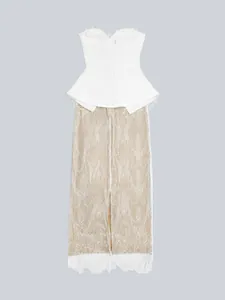 Elegant two-piece evening set featuring a white corset peplum top and beige lace midi skirt