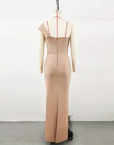 Detailed back view of an elegant nude one-shoulder bandage maxi dress for evening parties