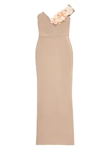 Frontal view of an elegant beige floral one-shoulder bandage evening maxi dress