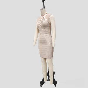 Elegant beige bandage bodycon dress featuring mesh paneling and geometric bust detail
