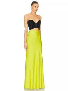 French style color-block strapless maxi dress with black corset top and neon green satin skirt