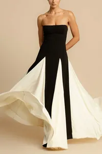 Elegant French strapless evening gown featuring black and white contrast paneling skirt