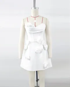 Elegant white strapless bandage mini dress with 3D flower applique on mannequin
