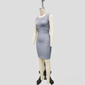 Detailed side view of grey-blue bodycon bandage dress with elegant mesh neck panels