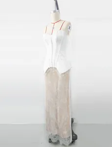 Elegant white lace evening dress with corset top and sparkling crystal fringe detailing