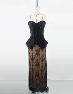 Elegant black evening dress with crystal beaded corset and lace maxi skirt for formal parties.