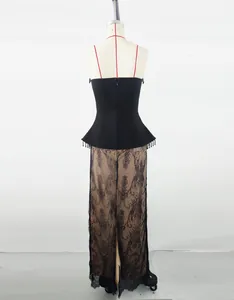 Back view of an elegant black peplum evening dress featuring a detailed lace long skirt