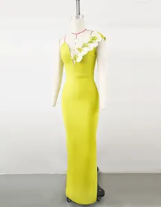 Elegant lime yellow one-shoulder bandage dress featuring 3D white floral applique detail