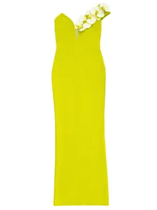 Elegant lime green bandage maxi dress with single shoulder orchid flowers decoration