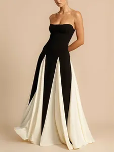 Elegant strapless black and white mesh patchwork evening gown for formal parties