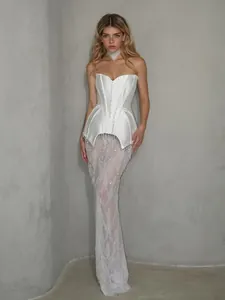 Luxury Elegant Rhinestone Artificial Pearl Peplum Corset Lace Maxi Evening Dress For Women Party Prom Date Night Cocktail Long Gown