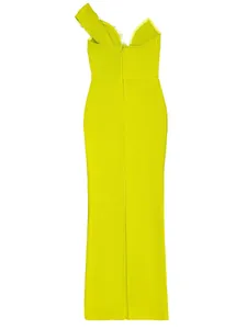 Detailed back view of an elegant lime green one-shoulder bandage dress with flower detail.