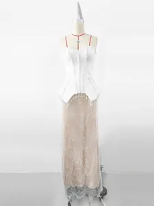 Elegant white beaded corset gown with long nude floral lace skirt, perfect for gala events