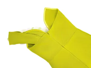 Close-up detail of a lime green one-shoulder bandage dress with invisible back zipper