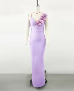 Elegant lavender bandage dress with deep V-neck and 3D floral one-shoulder detail.