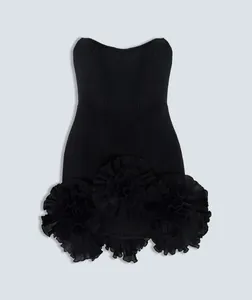 Elegant black bandage mini dress featuring pleated 3D floral hem details for parties