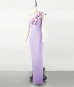 Elegant lavender one-shoulder bandage evening gown with floral orchid appliques.