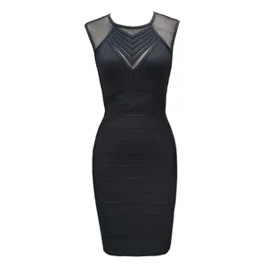 Elegant black bandage mesh bodycon dress with sleeveless V-neck design for evening