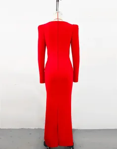 Back view of elegant red long-sleeved bandage maxi dress for evening parties and gala events