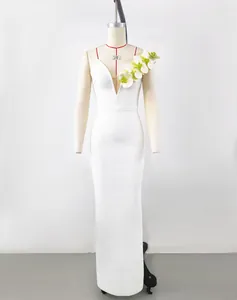 Elegant white bandage evening dress featuring a deep V-neck and floral one-shoulder detail