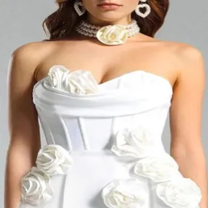 Elegant white strapless bandage dress with 3D fabric flowers for weddings and parties